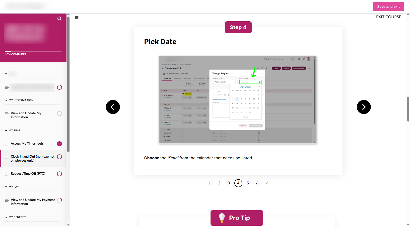 Annotated screenshot of the time-off request step with a callout box