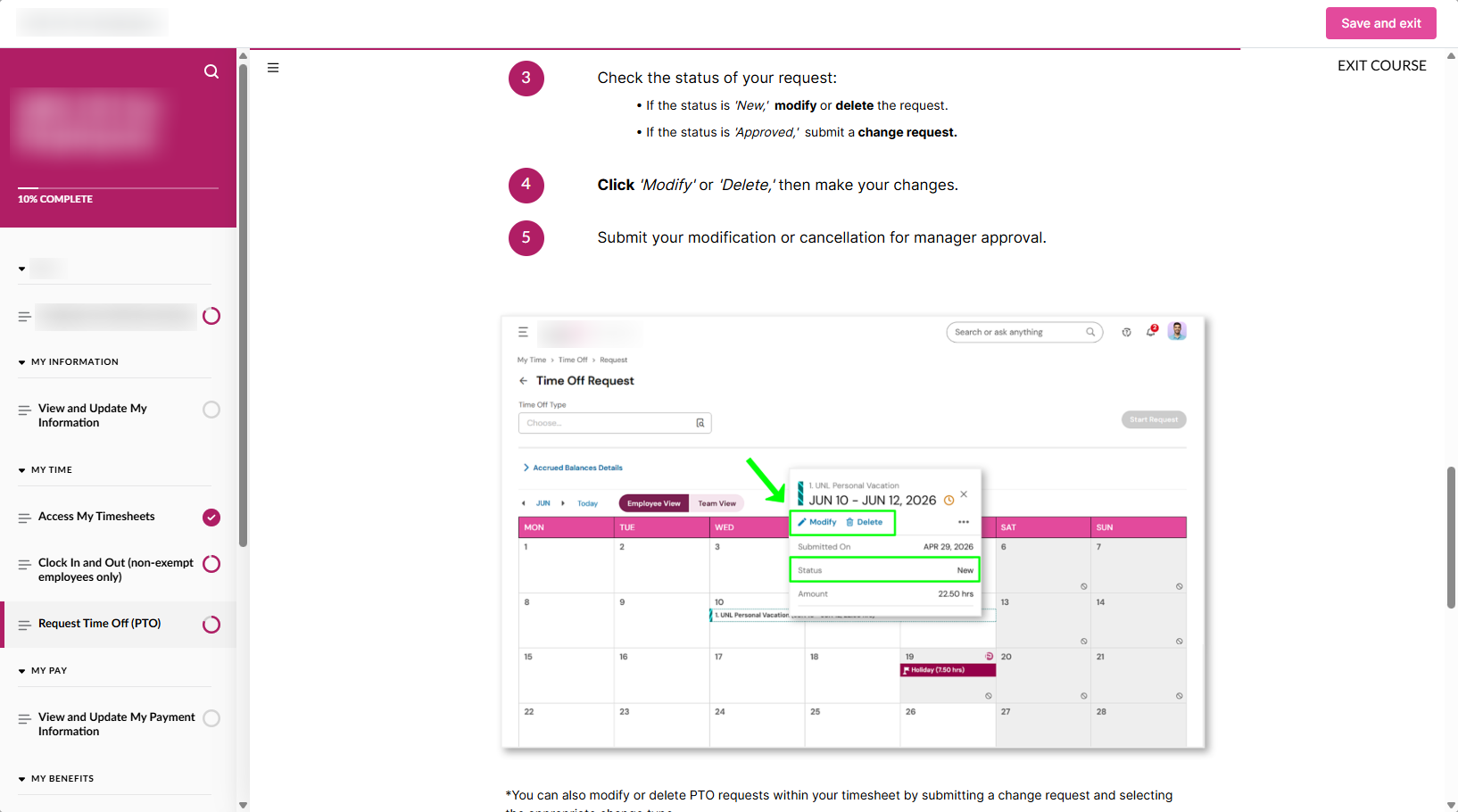 Animated GIF walkthrough of editing a time-off request